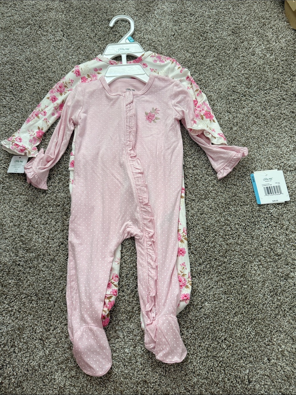 Little Me Pink & Cream Floral Ruffle Footed One-Pieces, 2-Pack
